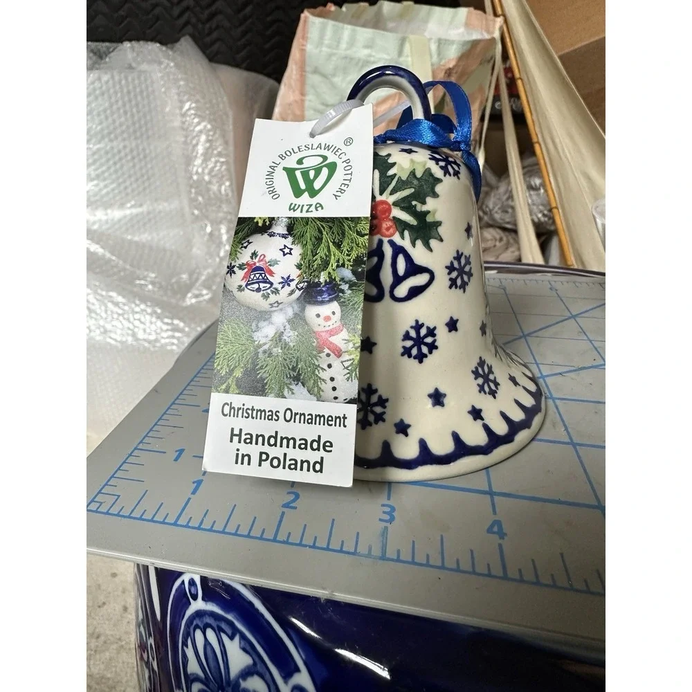NWT Polish Pottery Working Ceramic Pottery Bell Christmas Ornament Poland Blue